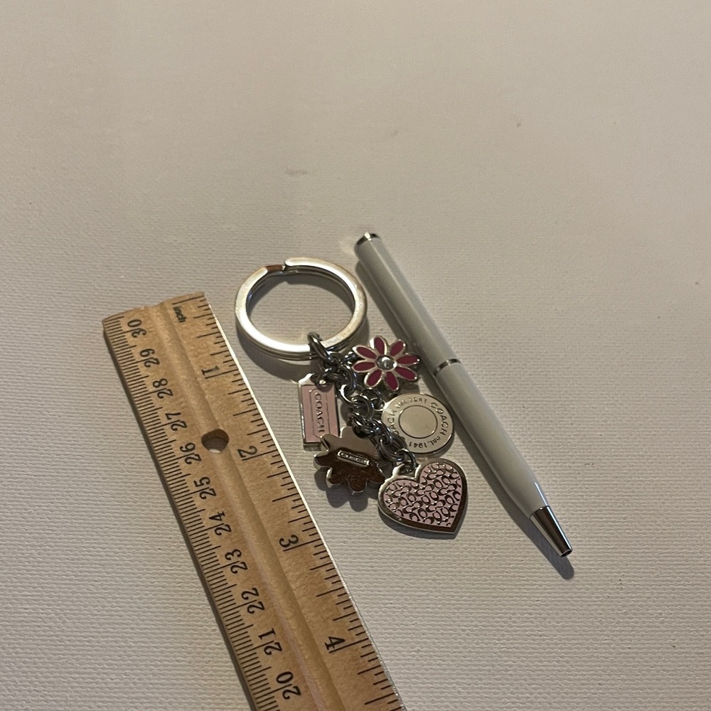 Coach Pink and Silver Floral Heart Keychain and White Coach Pen - Picture 5 of 6